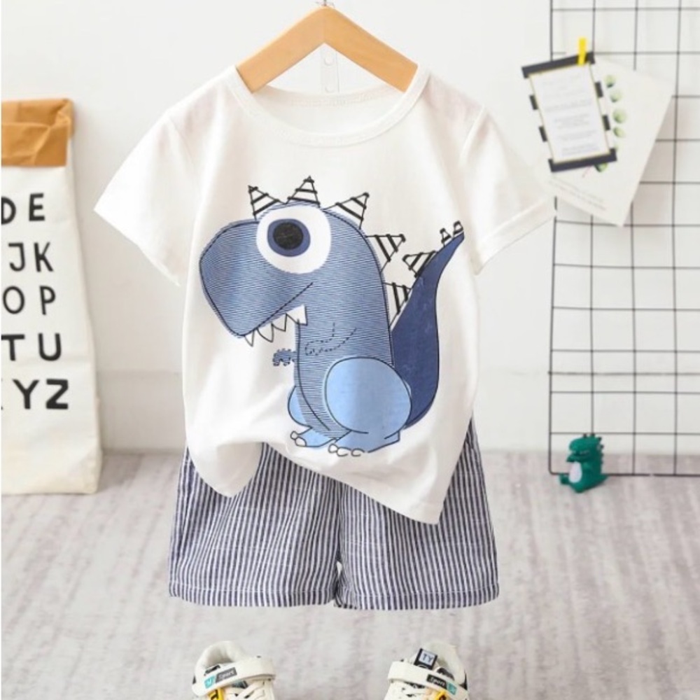 PatPat White Blue Dinosaur Tee and Blue Striped Shorts Set, Size 6-9M